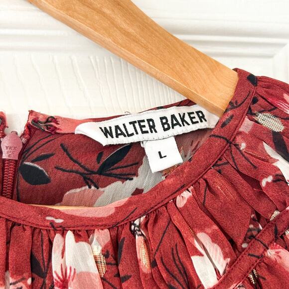NWOT Walter Baker Red Floral Ruffle Blouse Sheer Long Sleeve Top Size Large - Picture 4 of 9